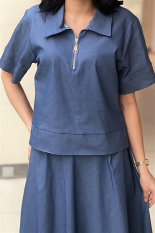 On Fashion Önü Kısa Fermuarlı Bluz Etek Takım