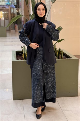 Ceremony Pullu Denim Ceket Bol Paça Pantolonlu Takım