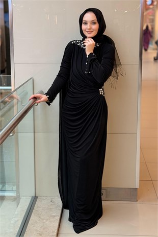 Fashion Nigth Yaka Ve Beli Taş Detaylı Abiye Elbise