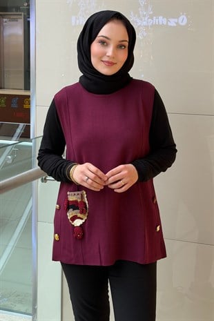 Ghisa Yanları Düğmeli Etnik Desen Cepli Yelek