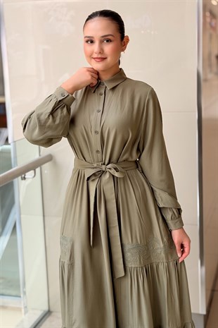 Nurcan Çetin Nakış Detaylı Kuşaklı Cotton Elbise