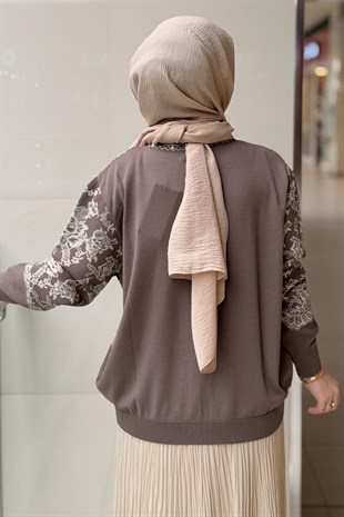 Ghisa İnci Düğmeli Gül Desenli Triko Hırka