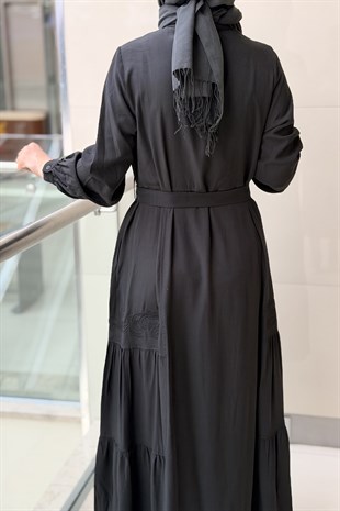 Nurcan Çetin Nakış Detaylı Kuşaklı Cotton Elbise
