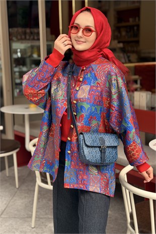 Ghisa Sıfır Yaka Reglan Kol Önden Düğmeli Desenli Jakar Ceket