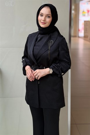 Matex Kruvaze Yaka Bel Büzgülü Broşlu Ceket İçlik Pantolon 3 Lü Set Takım