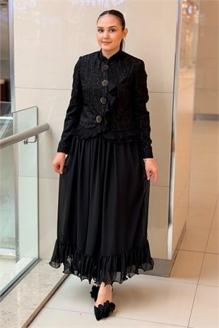 Matex Desenli Fırfırlı Ceket Etek Abiye Takım
