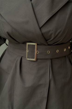 Nuss Geniş Kruvaze Yaka Apoletli Kemerli Kap
