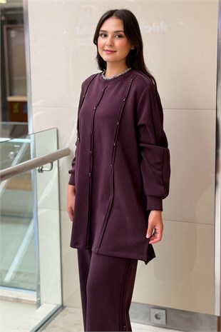 Fuat Gürşen Biye Detaylı kristal Taş İşlemeli Tunik Pantolon