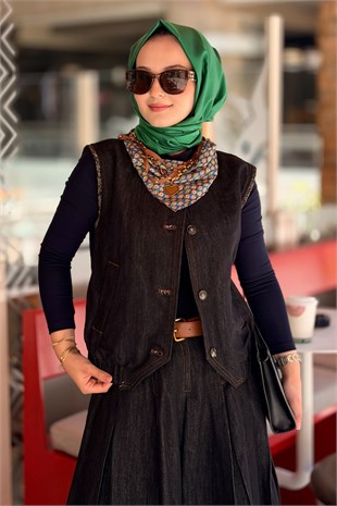 Twist Fularlı Denim Yelek