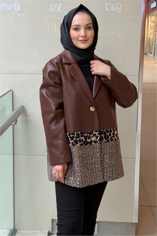 Ghisa Kare Desenli Pul Payet Ve Leopar Detaylı Deri Ceket