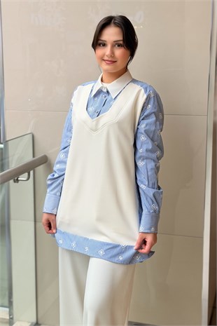Ghisa İşlemeli Çizgili Mix Kumaş Tunik Pantolon Takım