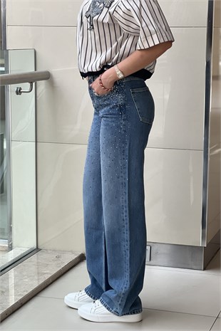 İpekyol Hotfix Baskılı Wide Leg Fit Jean Pantolon