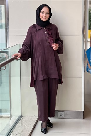 Ghisa Fırfır Detaylı Mix Kumaş Desenli Tunik Pantolon Takım