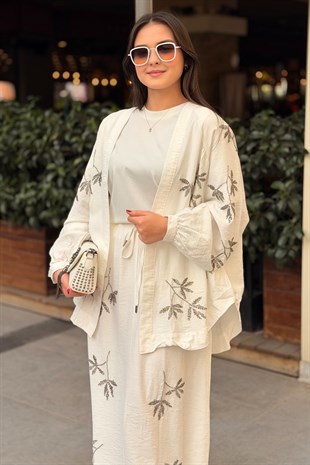 Mahal Boncuk Yaprak İşlemeli Kimono Etekli Takım