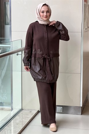 Ghisa Triko Deri Kombinli Beli Kuşaklı Tunik Pantolon Takım