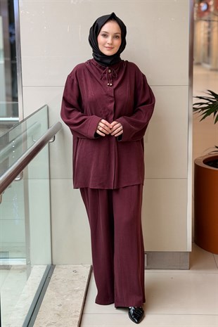Ghisa Kendinden Desenli Büzgü Yaka Tunik Pantolon Takım