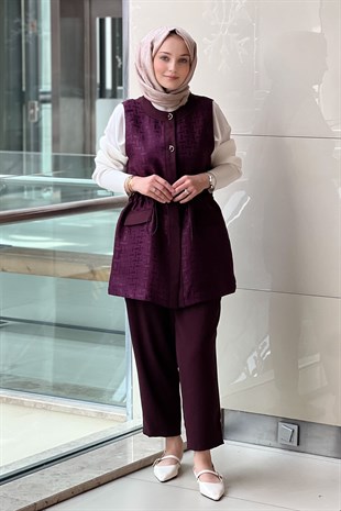 Ghisa Beli Stoperli Kendinden Desenli Yelek Pantolon Takım