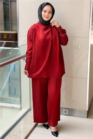 Ghisa Yaka Gold Düğmeli Asimetrik Kesim Tunik Pantolon Takım