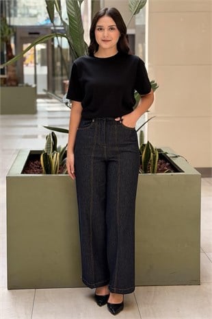 Ceremony Önü Boydan Kesikli Örme Denim Pantalon