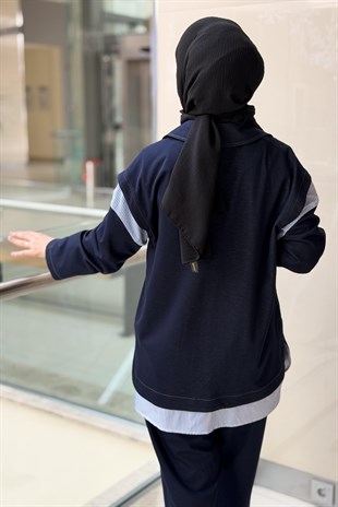Ghisa Kruvaze Yaka Çizgili Kombinli Pantolonlu Takım