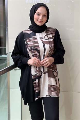 Ghisa Saten Triko Kombinli Desenli Tunik