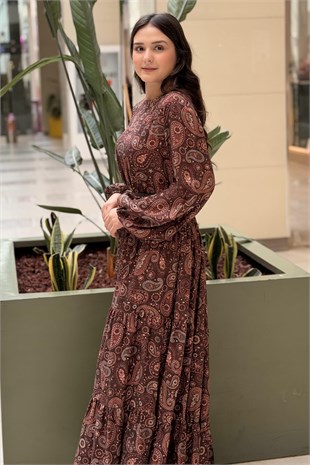 Ceremony Belden Kemerli Şal Desen Elbise