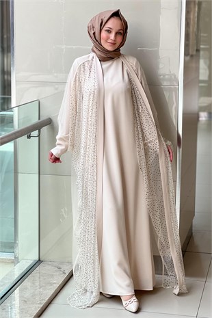 White Corner Taş İşlemeli Tül Abaya