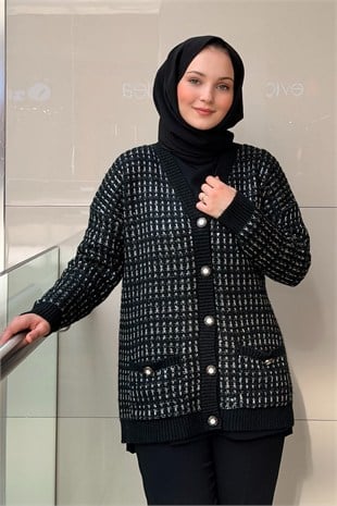 Ghisa V Yaka Önden Düğmeli Pul Örgü İşlemeli Triko Hırka