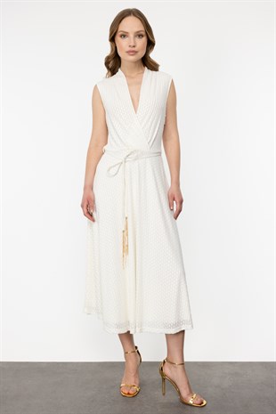 Ekol İp Kemerli Kendinden Desenli Kolsuz Elbise