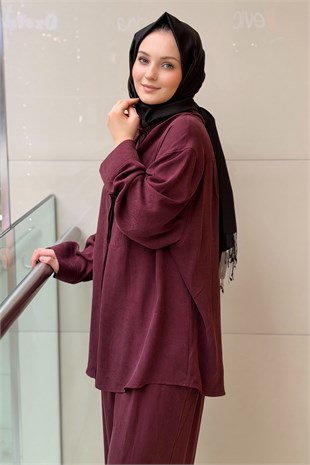 Ghisa Kendinden Desenli Büzgü Yaka Tunik Pantolon Takım