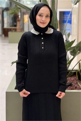 Ghisa Yakası İnci İşlemeli Örgü Desenli Triko Tunik