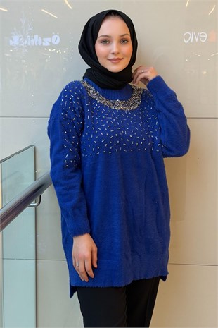 Nuss Sıfır Yaka Serpme Boncuk İşlemeli Angora Tunik