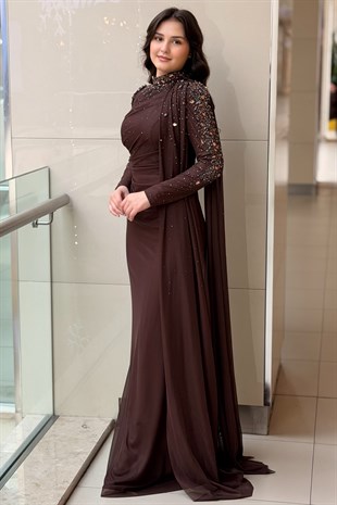 Fashion Night Kolları Taşlı Şifon Tül Abiye Elbise