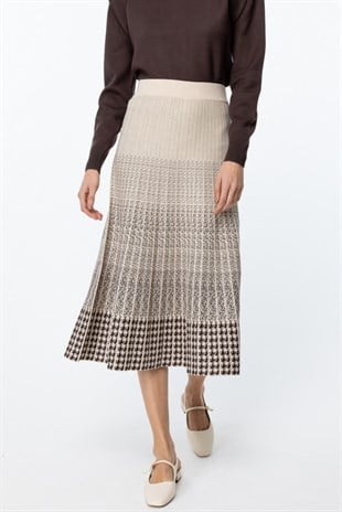 On Fashion Kareli Pileli Midi Boy Triko Etek