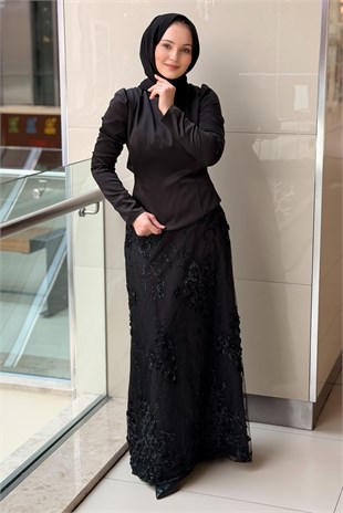 Fashion Night Kabartma Gül İşli Bluz Etek İkili Abiye Takım