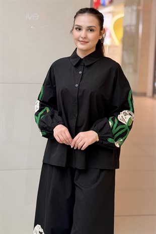 Ghisa Dallı Çiçek Nakışlı Gömlek Pantolon Takım