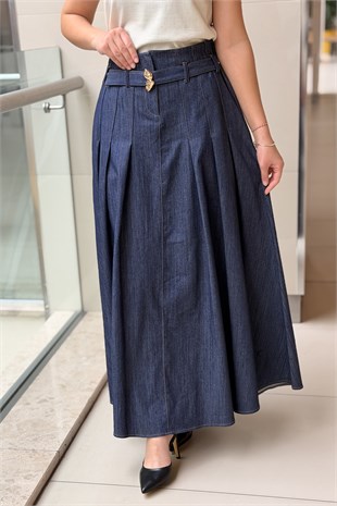 Ceremony Önden Fermuar Ve Pile Detaylı Denim Etek