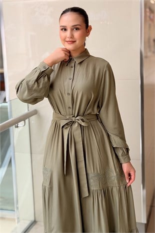 Nurcan Çetin Nakış Detaylı Kuşaklı Cotton Elbise