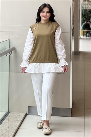 Tığ Triko Gömlek Yaka Metal Broş Detaylı Rayon Tunik