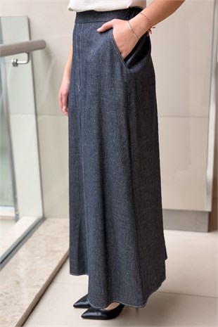 Ceremony Önü Plikaşeli Denim Keten Etek