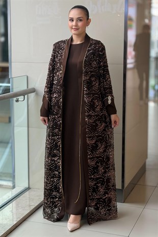 Matex Pul Payetli Önü Açık İçli Dışlı Elbiseli Abaya