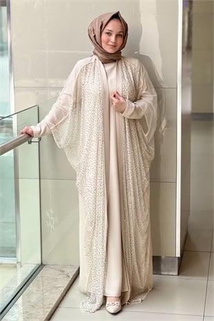 White Corner Taş İşlemeli Tül Abaya