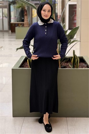 Ghisa Yakası İnci İşlemeli Örgü Desenli Triko Tunik