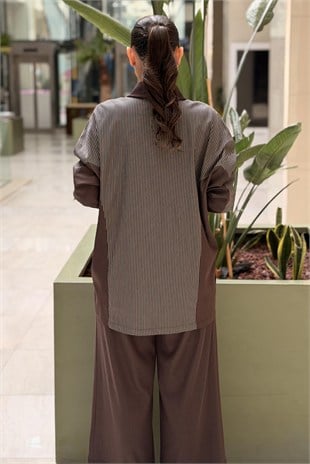 Nuss Gömlek Yaka Çıtıçıt Düğmeli Çizgili Tunik Pantolon Takım