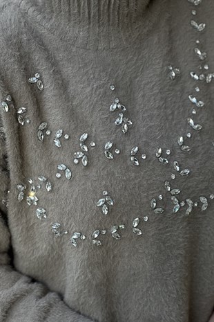 Nuss Sıfır Yaka Kristal Taş İşlemeli Angora Tunik