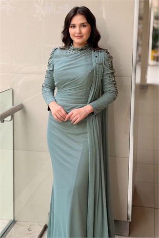 Fashion Night Kolları Taşlı Şifon Tül Abiye Elbise