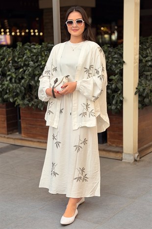 Mahal Boncuk Yaprak İşlemeli Kimono Etekli Takım