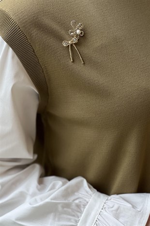 Tığ Triko Gömlek Yaka Metal Broş Detaylı Rayon Tunik