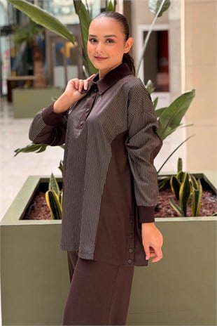 Nuss Gömlek Yaka Çıtıçıt Düğmeli Çizgili Tunik Pantolon Takım