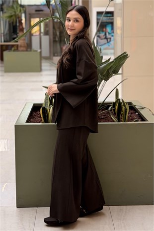 Kahma Çizgili Pullu Brown Kap Pantolon Takım